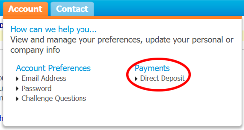 PROVIDERnet menu screenshot - Account -> Direct Deposit